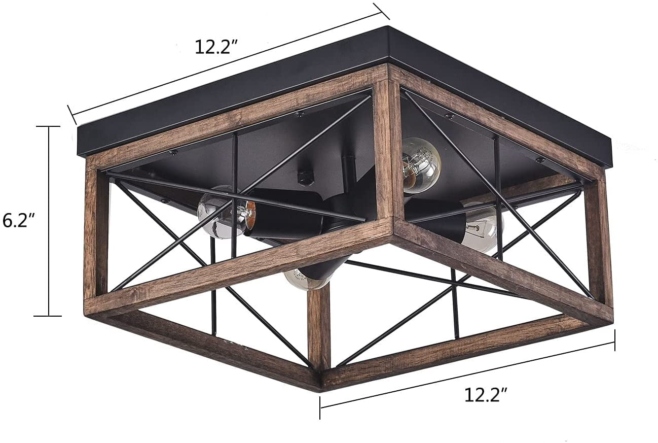 FETCOI 4-Light Farmhouse Flush Mount Ceiling Light, 12-inch Square Industrial Vintage Ceiling Light Fixtures for Kitchen Living Room Bedroom Hallway Laundry Entryway
