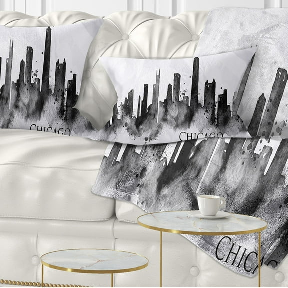 Designart Chicago Black Silhouette - Cityscape Painting Throw Pillow - 12x20