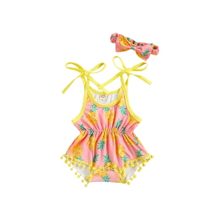 

Baby Girls Sling Romper One-Piece Pompom Tassels Jumpsuit with Headband