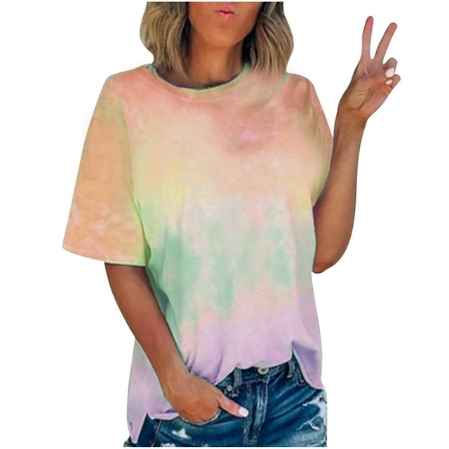 Tops de Manga Corta de Verano para las Mujeres Cuello Redondo Impresión, Moda Casual Blusa Suéter de Poliéster