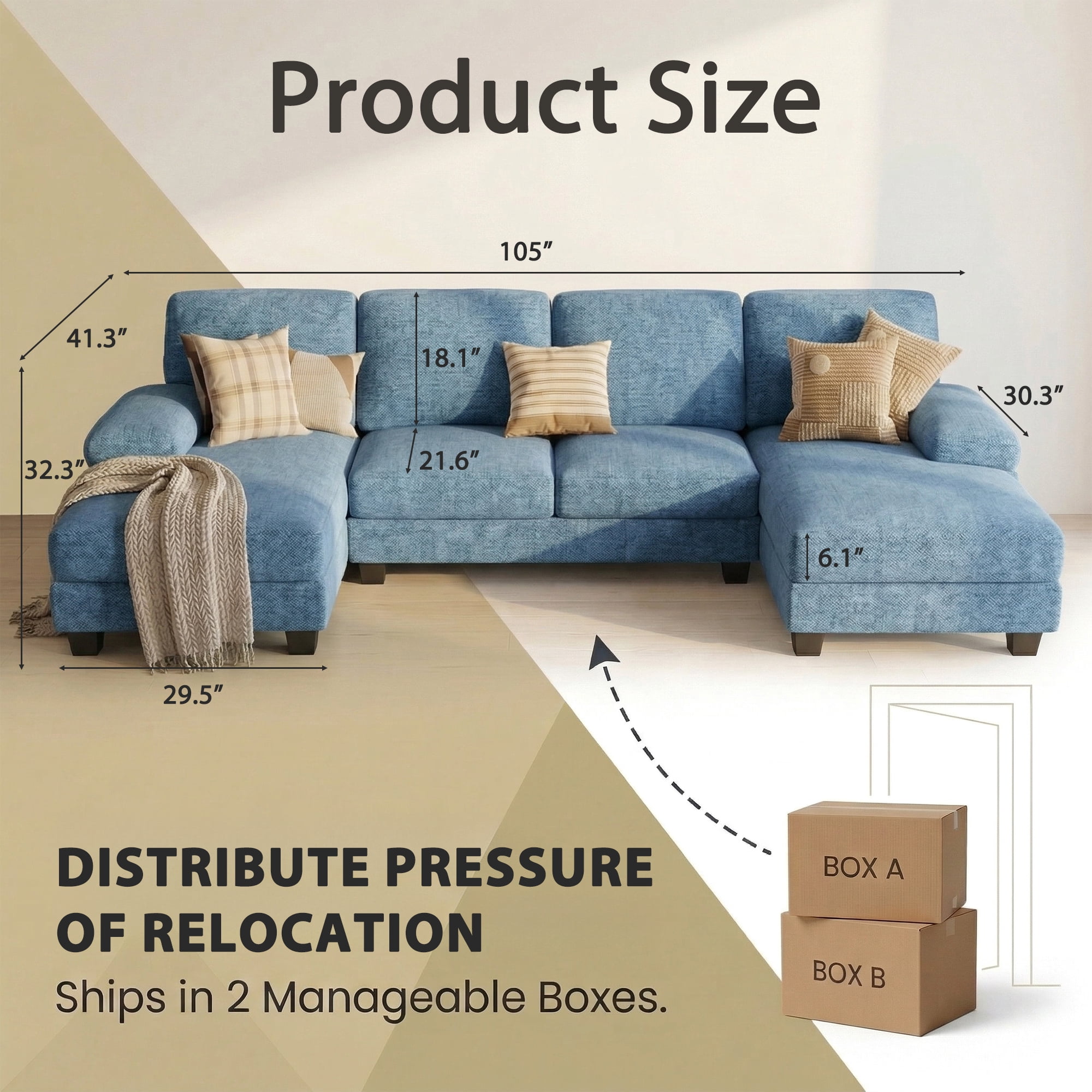 Vineego 105" U-Shaped Sectional Sofa with Double Chaise 4-Seat Modular Sofa Couch for Living Room,Chenille Blue