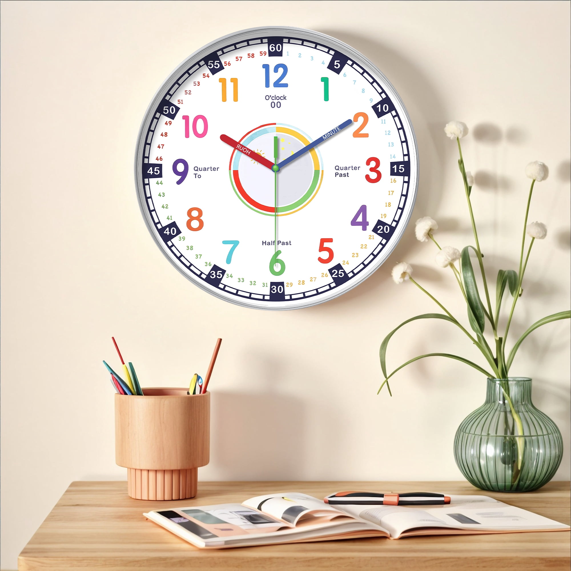 Unique Bargains Silent Wall Clock Non Ticking Battery-Powered White Pattern 4