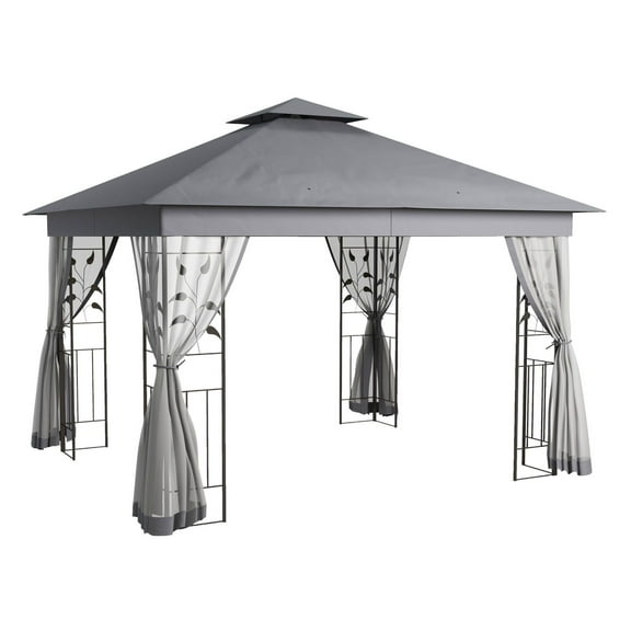 Gray Metal Gazebo 10x12 - Outdoor Canopy Shelter with Tree Motifs - Patio Wedding Event Tent