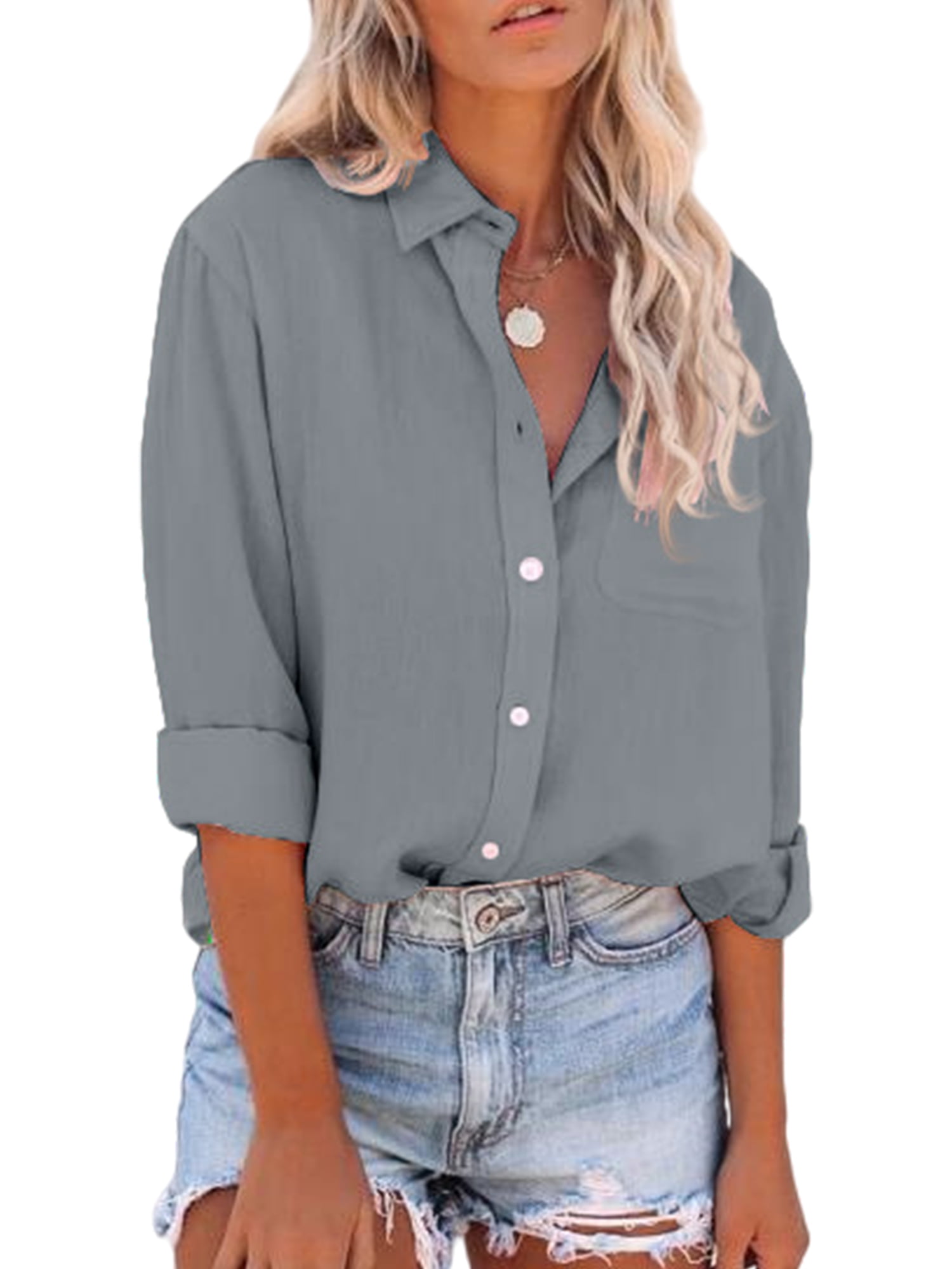 Frontwalk Ladies Baggy Lapel Neck Tunic Shirt Button Down Loose Shirts ...