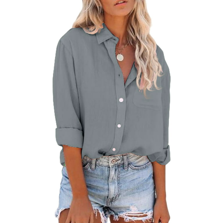 Frontwalk Ladies Baggy Lapel Neck Tunic Shirt Button Down Loose Shirts  Women Turn Collar Holiday Blouse Gray 3XL