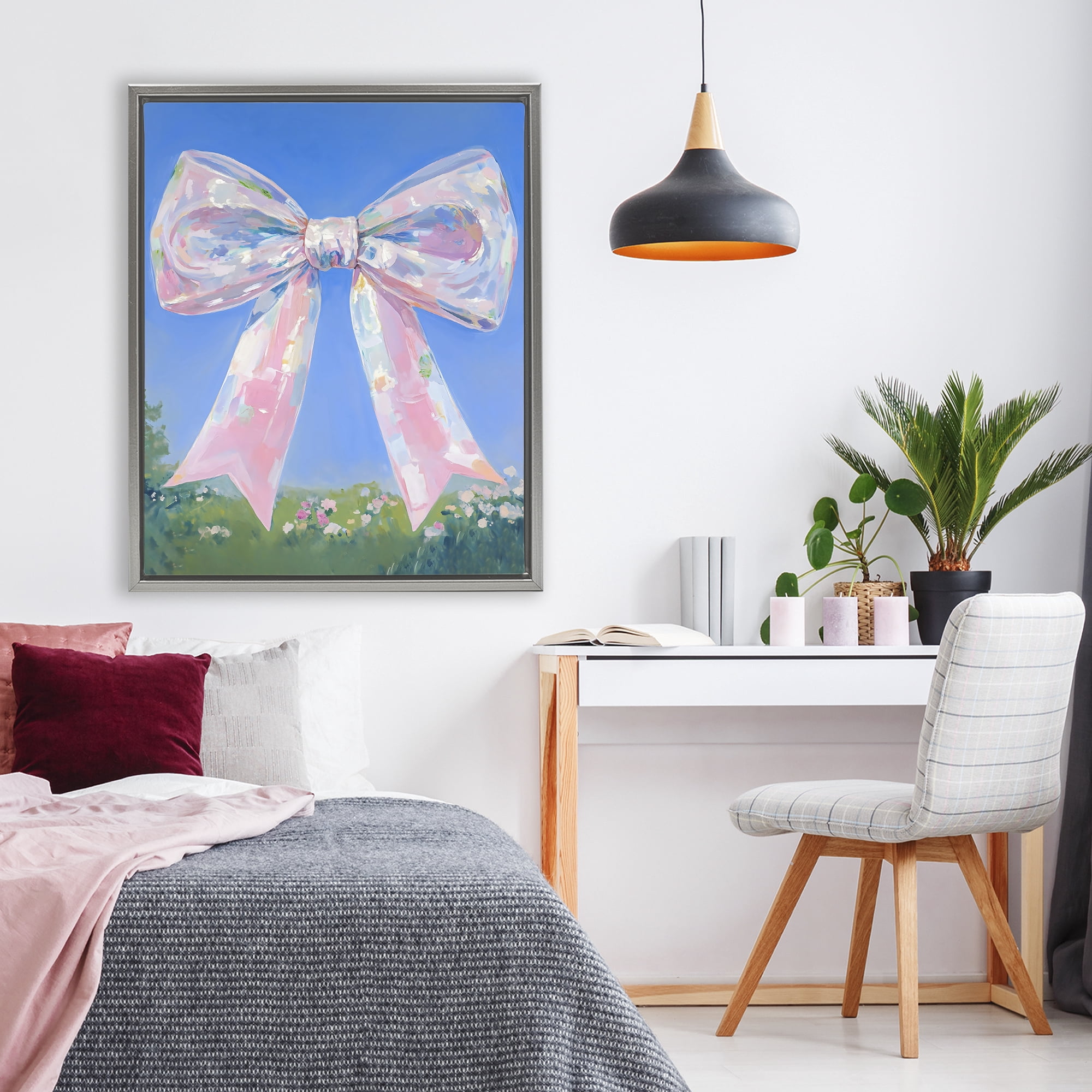 Stupell Industries Iridescent Pink Bow in Meadow Gray Framed Floater Canvas Wall Art, design by The Prints Vibe