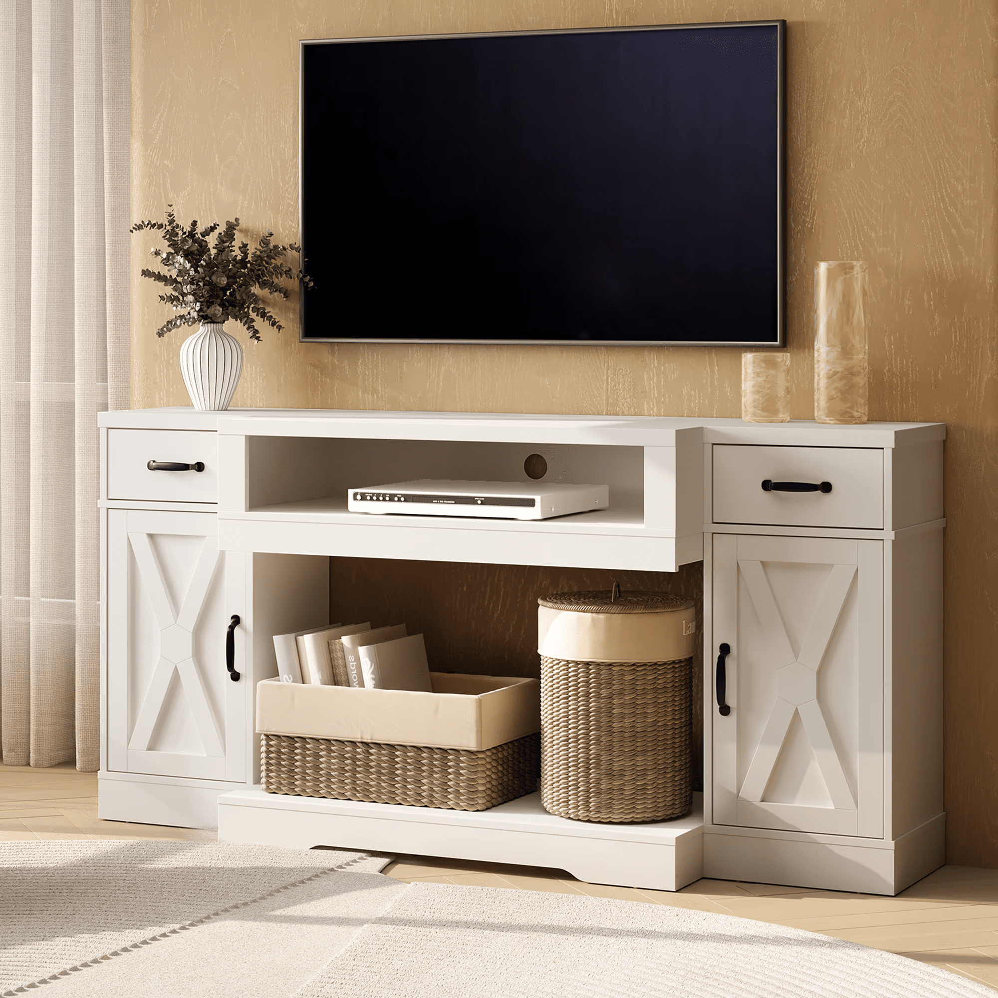 Mintazer Media Console Table with Adjustable Shelves, Entertainment Center TV Cabinet for TVs up to 75" for Living Room, Bedroom, Study Room, White