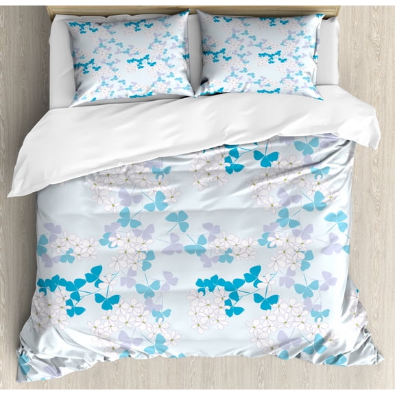 Spring Duvet Cover Set King Size, Abstract Floral Patterns Flowers and Leaves on Branches, Decorative 3 Piece Bedding Set with 2 Pillow Shams, White Sky Blue, by Ambesonne
