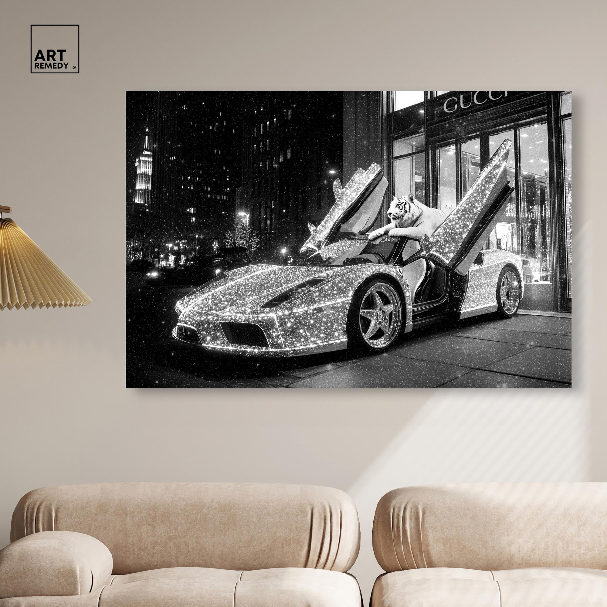 Glistening Tiger and Car Canvas Luxury Cars Prints by Art Remedy, Gallery Wrapped, 54 x 36