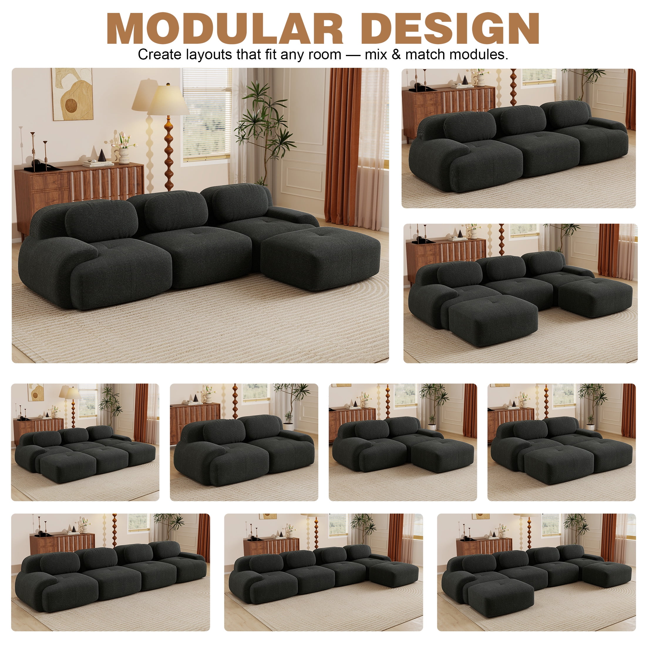 Aukfa 118" L-Shaped Modular Sofa, Oversized 3-Seater w/ Deep Seat, Ottoman, Corduroy, No Assembly, Black
