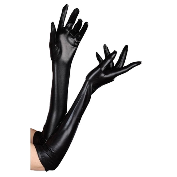 Adult size Black Dominique Shiny Stretch Knit Opera Length Gloves - Costume Accessory