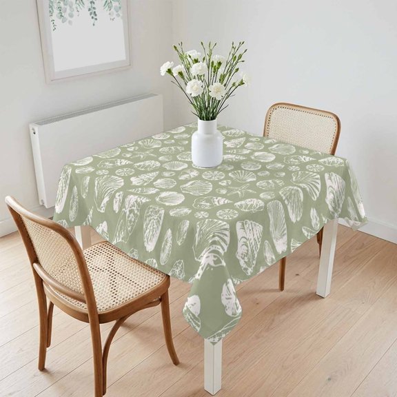 Waterproof Tablecloth Ocean Shell Conch Starfish Square Table Cloth 60x60in,Wipeable Washable Table Cover Coastal Marine Life Sage Green Tablecloths for Dining Tables Kitchen Picnic Outdoor Party
