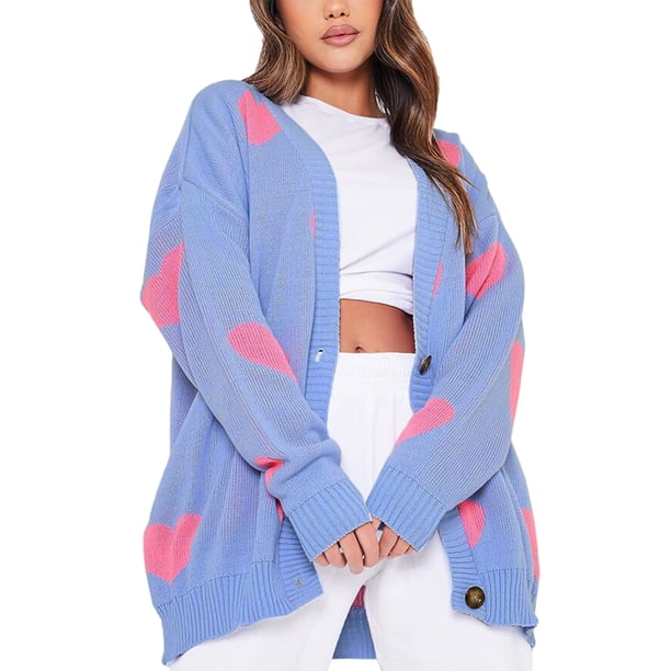 Txlixc Cárdigan con botones para mujer, ropa de abrigo con cuello en V con estampado de corazón/flor Txlixc moda
