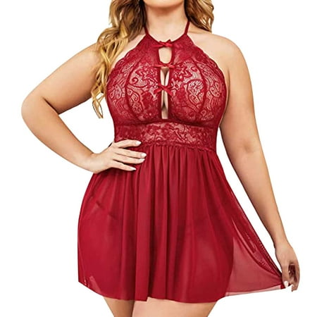 

Pajamas For Women Nightgown Plus Size Lingerie Halter Lace Chemise Mesh Hollow Out Nightdress Lace Bow Teddy Sleepwear Nightgowns For Women Satin