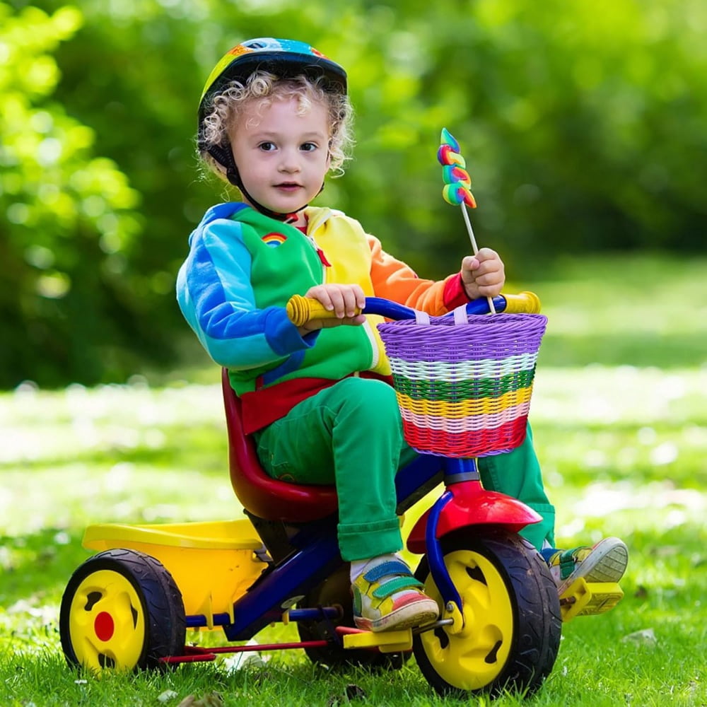 Bike Basket Kids Front,Premium Hand-Woven Rainbow Bicycle Basket,Cute Adults Boys Girls Bike Basket,Tricycle Cruiser Bikes & Folding Bike Basket