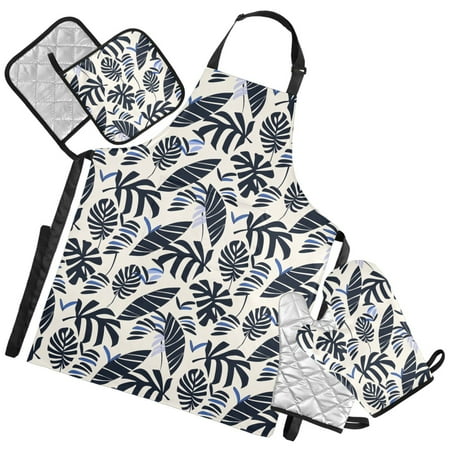 Ryvnso Retro Palm Leaves Kitchen Apron Oven Mitts Set Pot Holders