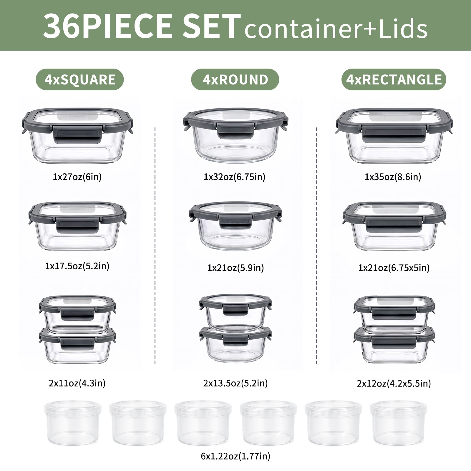 36 Pcs Glass Food Storage Containers with Tempered Lids Set, Borosilicate Oven-Safe(-4°F~950°F), Airtight Meal Prep Lunch Box Containers (18 Containers & 18 Lids), Grey