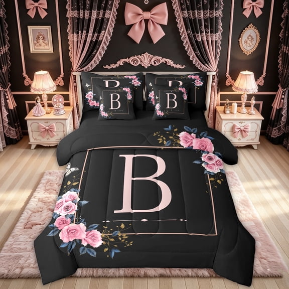 Feelyou Floral Butterfly Letter B Twin Bedding for Girls, Rose Print Bedding Comforter Set, Pink Black, Black Reversible, 7 Pieces