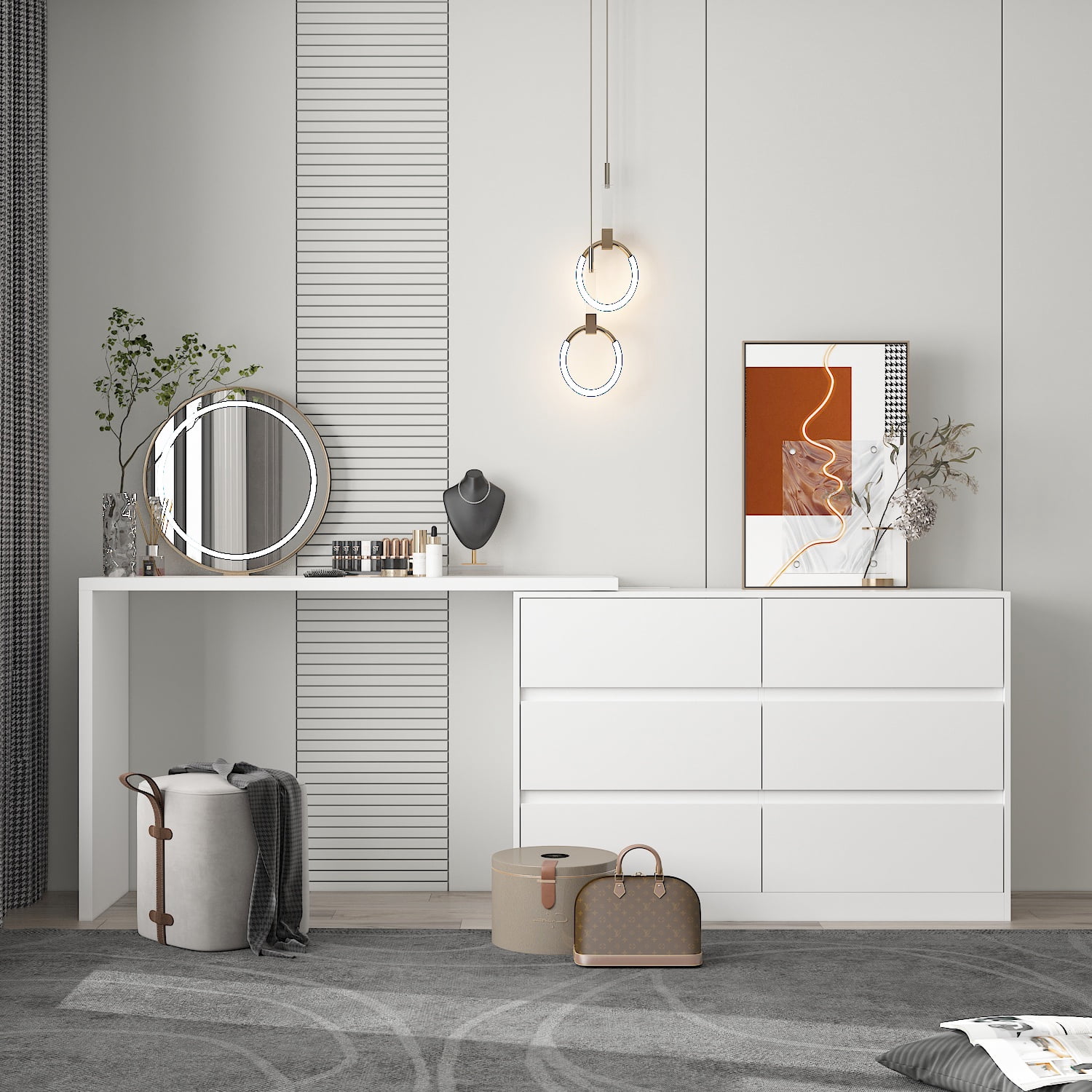 KULAGAGA 6 Drawer Dresser with Rotatable Tabletop, Modern Chest of Drawers with Extendable Desk (No More Than 98" W), Drawer Organizer for Bedroom Home Office, White Dresser