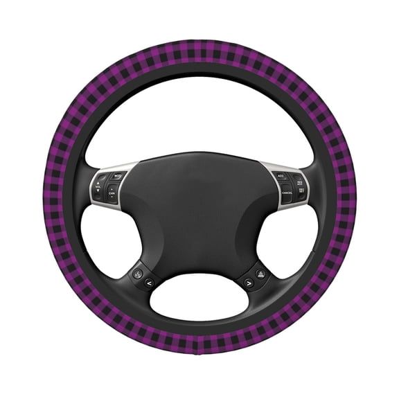 Uemuo Purple Black Plaid Printed Car Elastic Steering Wheel Cover - Universal Car Accessory for Diverse Cars Anti-Slip, and Comfortable- 15"