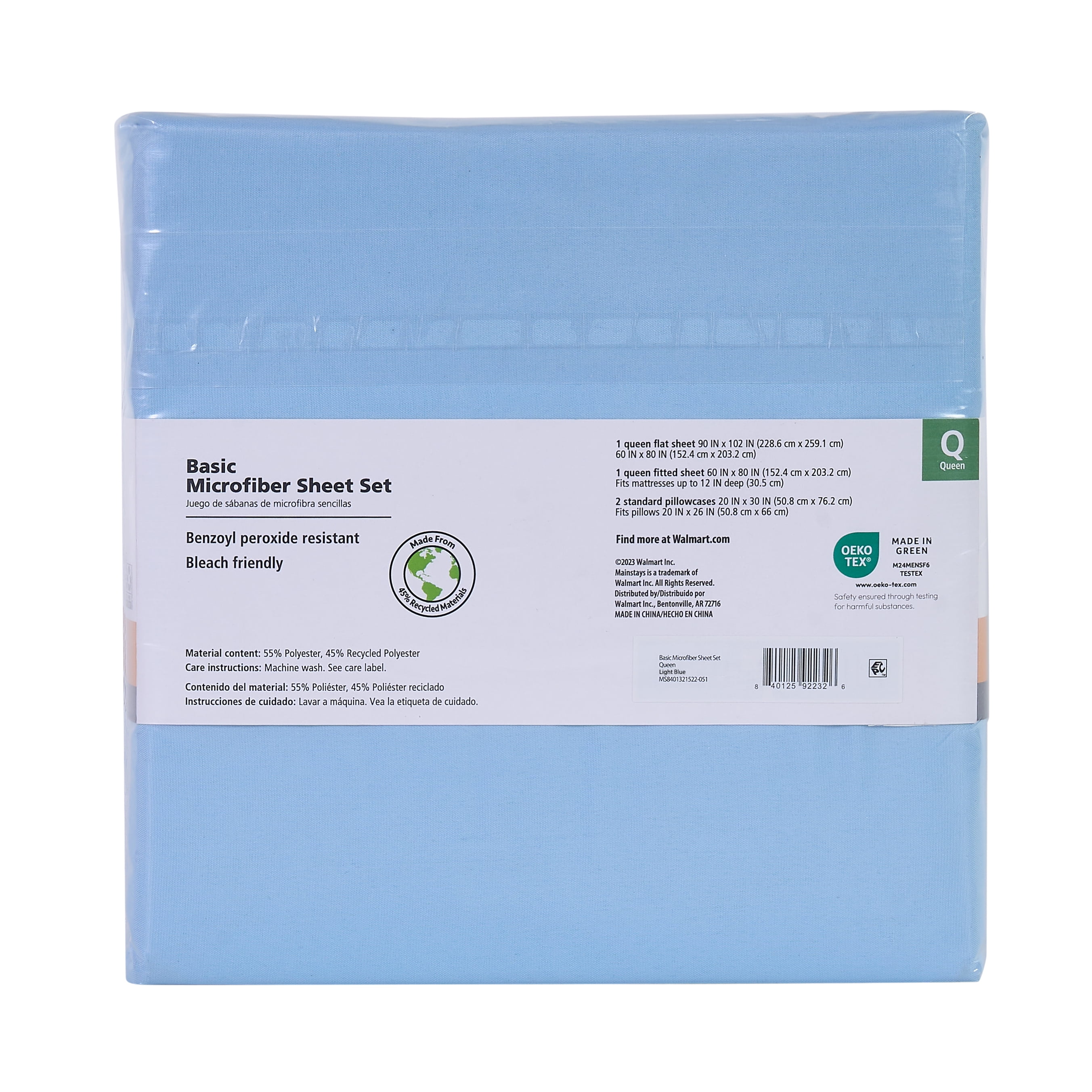 Mainstays Basic Value Microfiber Bed Sheet Set, Light Blue, Queen, 4 Piece
