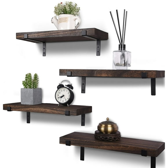 HXSWY Étagères Flottantes en Bois Rustique pour Décoration Murale Étagère Murale en Bois Style Ferme pour Salle de Bain Cuisine Chambre Salon Ensemble de 4 Brun Foncé