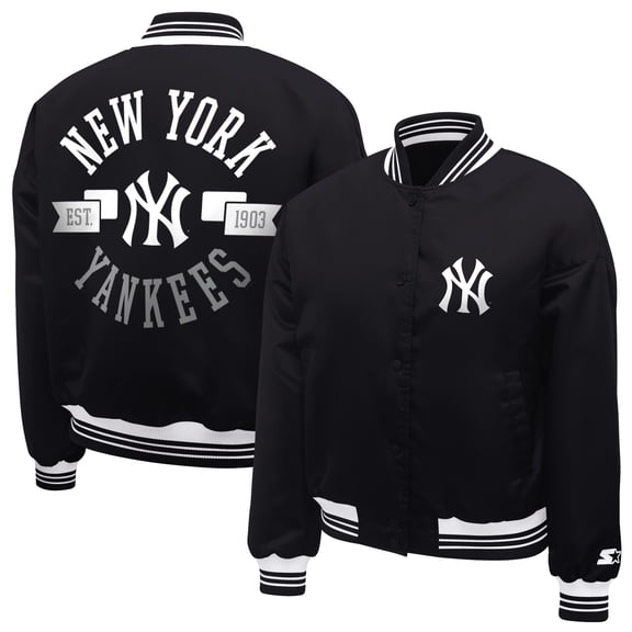 Women's Starter  Black New York Yankees Printed Logo Cropped Satin Varsity Full-Snap Jacket