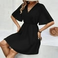 thumbnail image 5 of ZQUUVOU Women's Casual Solid Color Dress Double-Layer Chiffon Waist Cinched Short Sleeved V-Neck Dress Black, 5 of 7