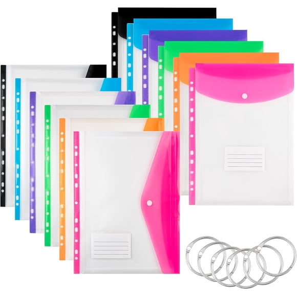 Plastic Wallets A4 Punched Pockets 12 Pack Expandable Folders with Button and Label Pocket Poly Pockets A4 for 2/3/4 Ring Document Pouch for Office School Home(Top Open+Side Open)