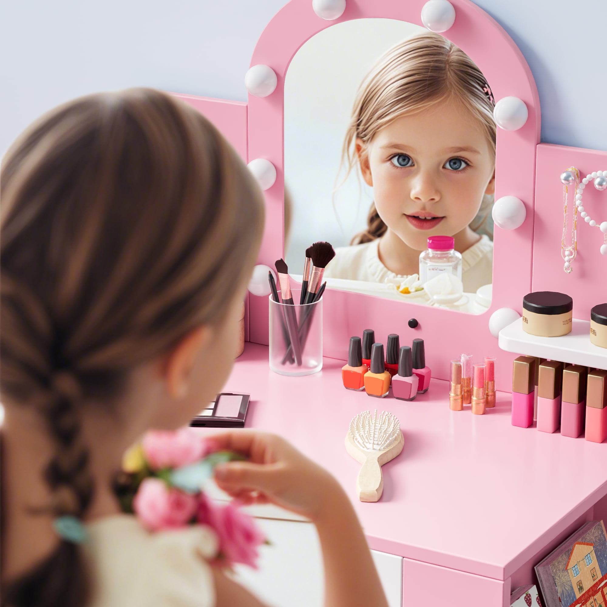 Reasea Kids LED Lights Vanity Table Set,Kids Vanity Table and Chair Set,Pink