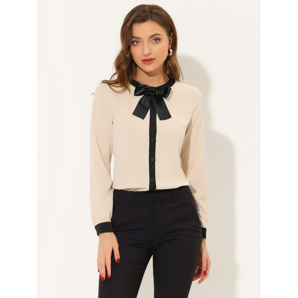 Camisas de oficina para mujer camisa elegante con cuello de lazo en contraste blusas de trabajo de manga larga con botones Beige XS Allegra K Camisa