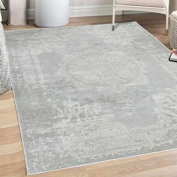Vintage Decorative Rug, Nostalgic Bohemian Ornaments in Soft Cold Tones Abstract Antique Neutral Grunge, Quality Carpet for Bedroom Dorm and Living Room, 6 Sizes, Blue Grey, by Ambesonne