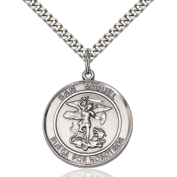 Sterling Silver San Miguel Arcangel Pendant 1 x 5/8 inches with Heavy Curb Chain