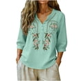 thumbnail image 2 of CLOISE Womens Blouses 3/4 Sleeve Plus Size Embroidery T Shirts Loose Floral V Neck Pullover Cotton Linen Casual Fall Tops Mint Green 3XL, 2 of 6