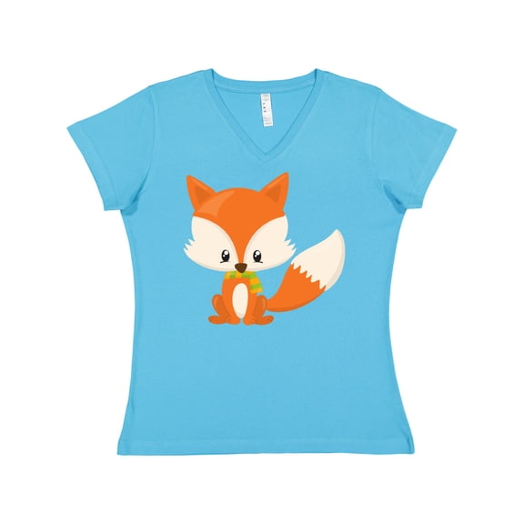 Inktastic Cute Fox, Little Fox, Baby Fox, Fox with Scarf Women's V-Neck T-Shirt