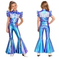 thumbnail image 2 of iiniim Girls Western Cowgirl Outfit Ruffled Sleeves Press Buttons Tassel Metallic Tops with Split Bell-bottom Pants for Theme Party Blue 10, 2 of 7