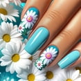 thumbnail image 3 of 24 pieces set of medium square false nails designed with green daisy pattern, perfect for summer parties, dances and daily wear Press on nails, removable and reusable, 3 of 5