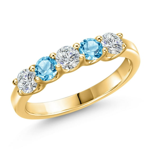Gem Stone King 18K Yellow Gold Plated Silver Lab Grown Diamond and Swiss Blue Topaz Wedding-Bands Ring for Women | 0.91 Cttw | Round 3.5MM | Gemstone April Birthstone | Size 5