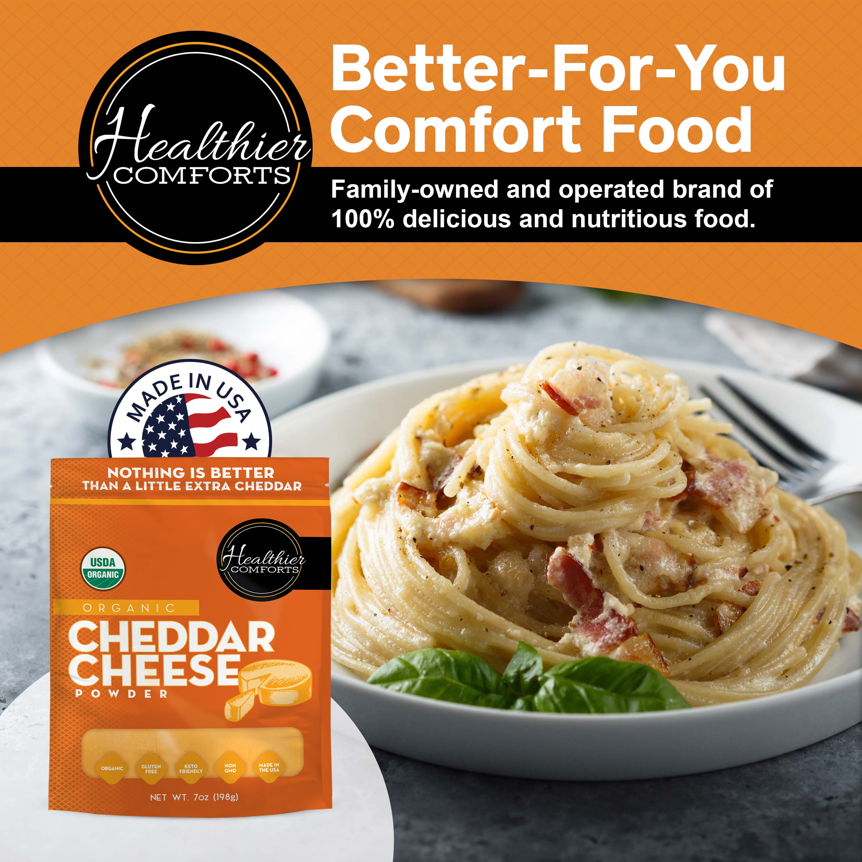 Healthier Comforts Organic Cheddar Cheese Powder 7oz | Gluten Free, Keto-Friendly, Non-GMO, Antibiotic & Hormone Free | Perfect for Popcorn Seasoning, Mac and Cheese, Pasta & Sauces