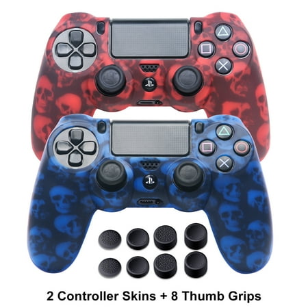 Skins for PS4 Controller - DualShock 4 Silicone Skins Water Printed Protector Case Set for Sony PS4, PS4 Slim, PS4 Pro - 2 Pack Skull PS4 Controller Cover - 4 Pairs PS4 Thumb Grips - Red & Blue