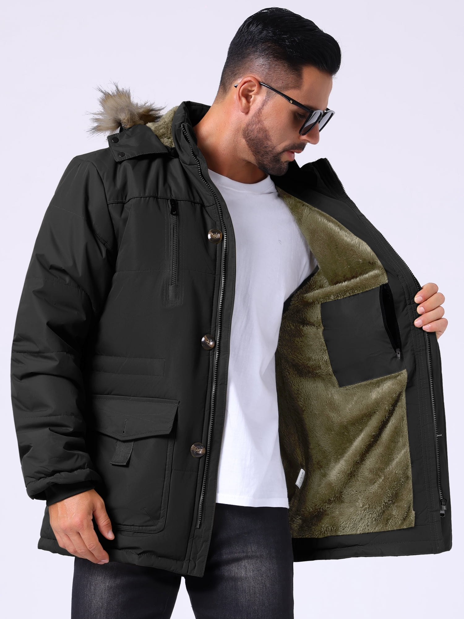 DARING DIVA Men's Winter Warm Coat Fleece Lined Thicken Hooded Parka Jacket L Black