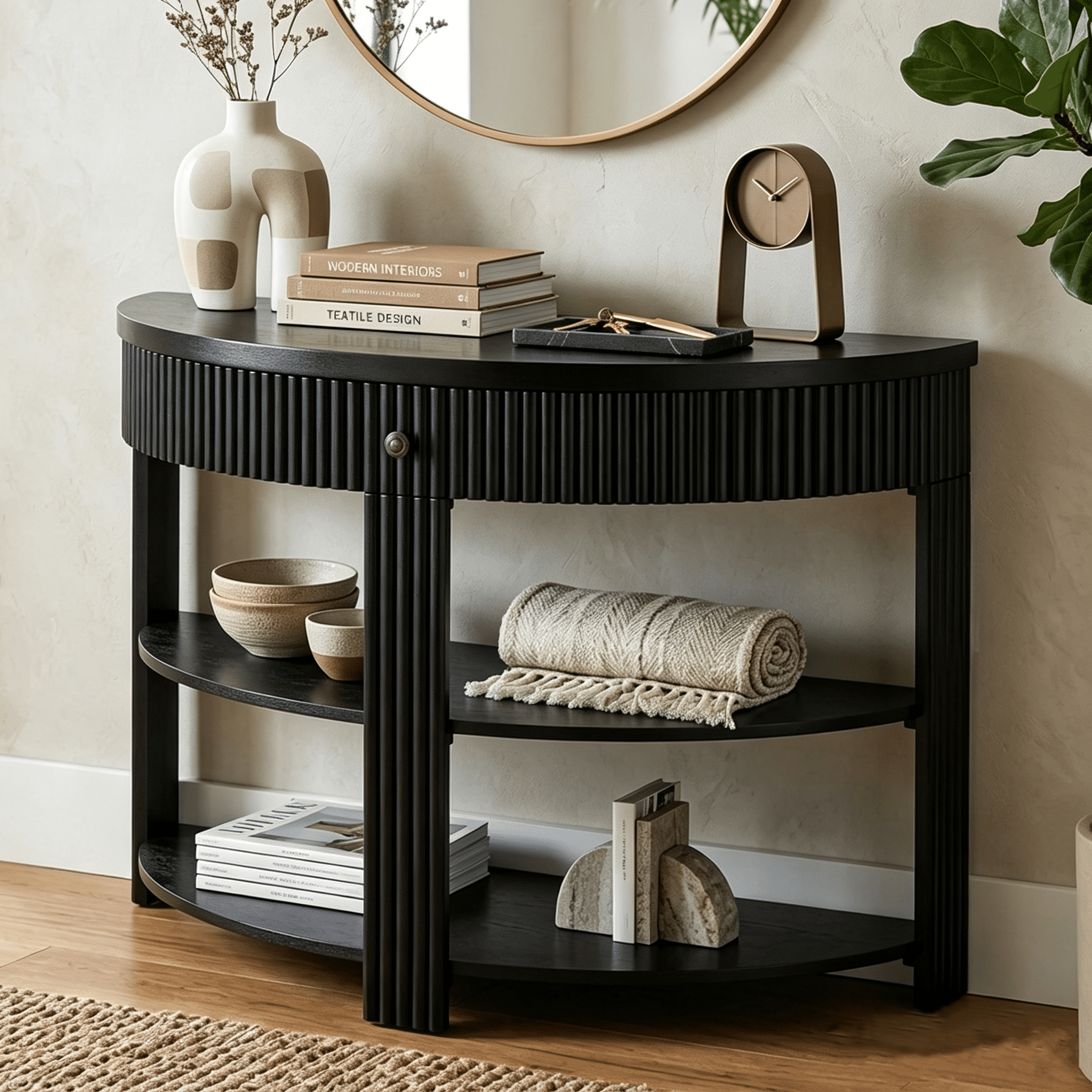 Aukfa 37" Fluted Half Moon Console Table with Drawer & Open Shelves, Entryway Accent Table for Living Room Hallway, Black