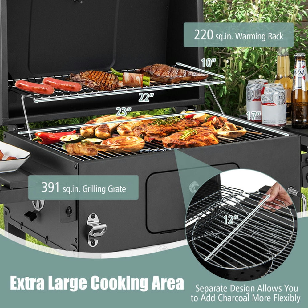 Topcobe Outdoor BBQ Charcoal Grill with 2 Foldable Side Table and Wheels, Cooking Space for Backyard, Patio and Parties