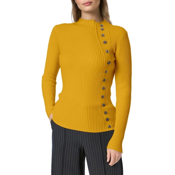 Fiaer Sweaters for Women Trendy Crew Neck Button Decor Long Sleeve Slim Fit Casual Solid Color Knit Tops Yellow XL