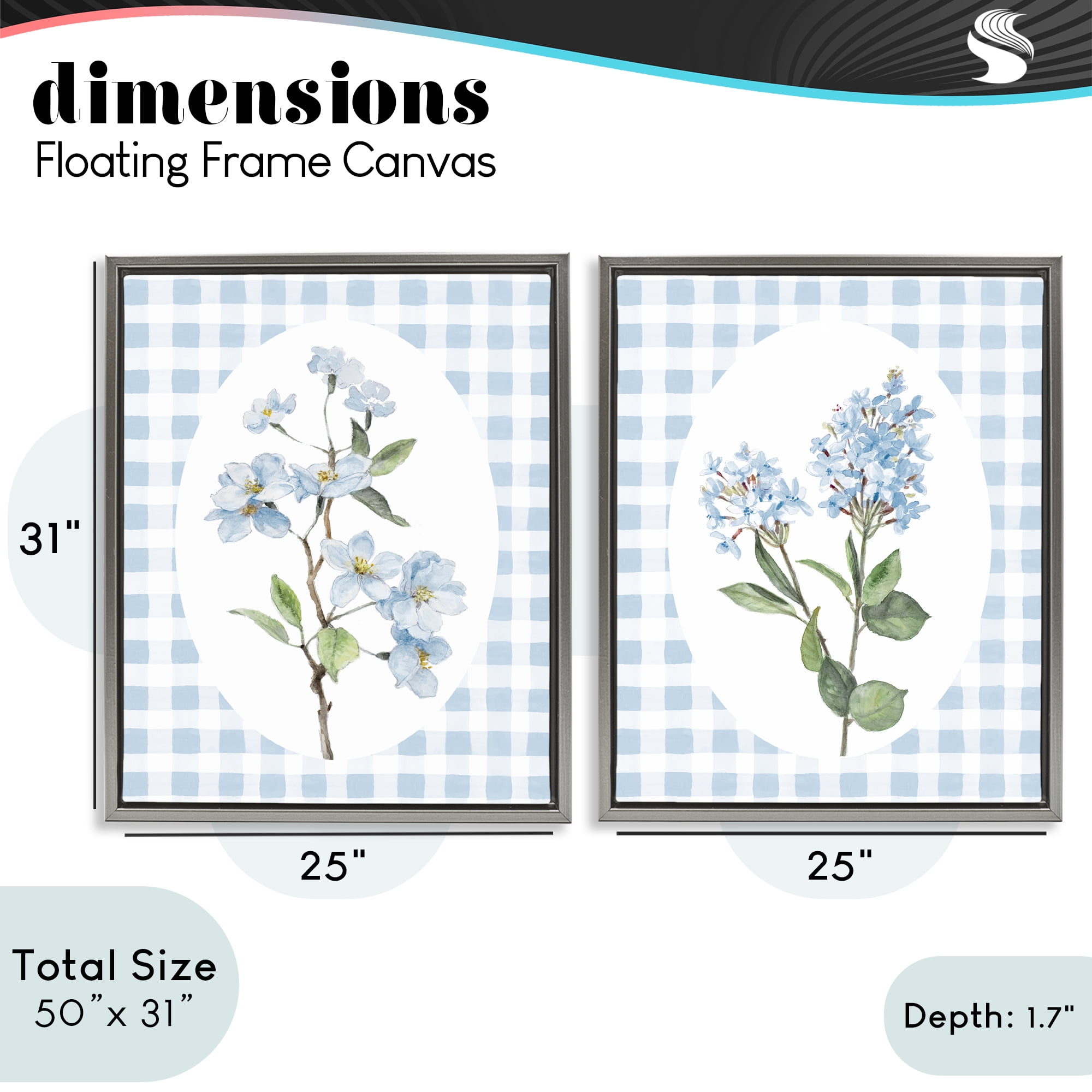 Stupell Industries Blooms on Blue Checkered 2 Piece Gray Framed Floater Canvas Set, design by Lanie Loreth