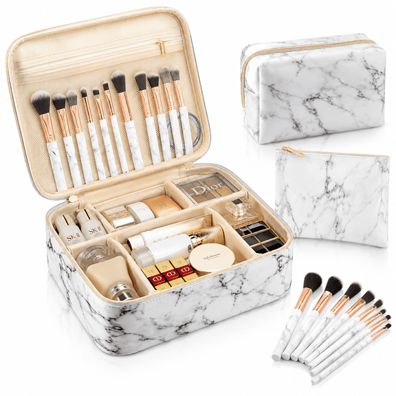 3Pcs Makeup Bags for Women,Travel Makeup Bag,Large Cosmetic Bag,Marble Makeup Bag with 10 Pcs Brushes,Makeup Case Organizer with Adjustable Dividers-White