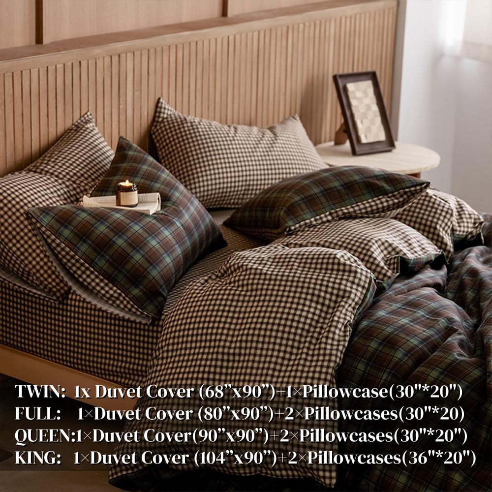 JOLUSERE Green Brown Plaid Duvet Cover King Set, 3-Piece Vintage Beige Brown Grid Checkered Pattern Soft Comforter Cover