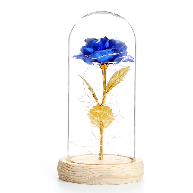 Flor de hoja de oro Cubierta de vidrio rosa con luz LED Flor eterna Día de San Valentín Adorno de Navidad (Azul) JAMW Sencillez