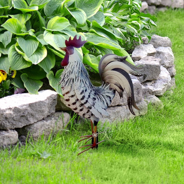 Statua Gallo In Metallo Scultura Pollo Per Esterno, Patio, Giardino - Blu E Rosso 12 Pollici