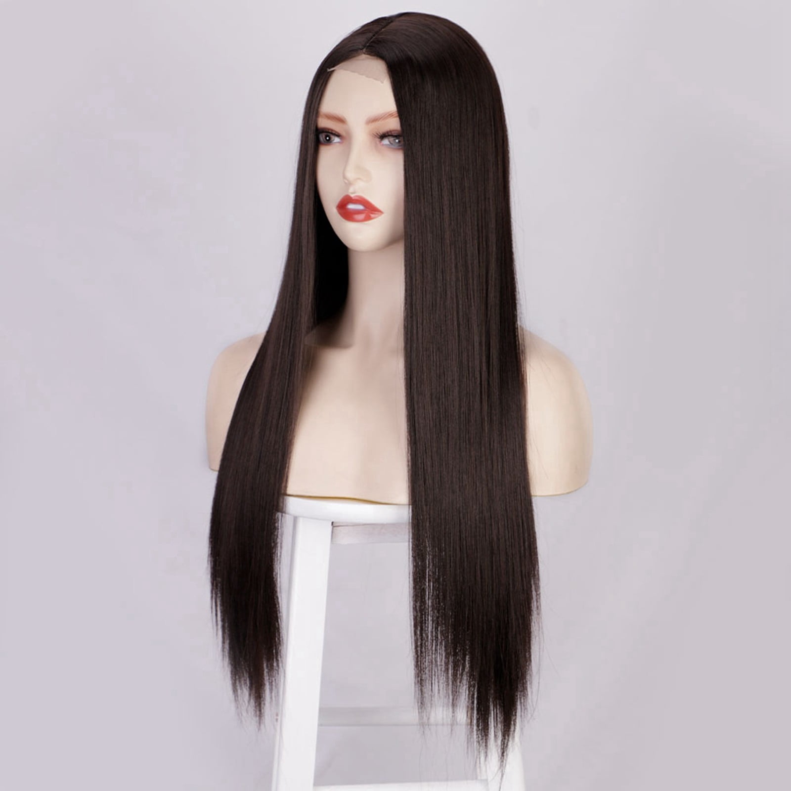 European Human Hair Blend Long Straight Lace Front Wig Middle Part Natural Synthetic Fiber Headpiece For Women